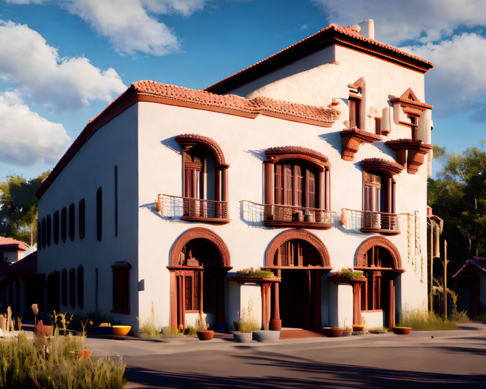Spanish Style Two-Story Building with Terracotta Roof Tiles and Arched Doorways in Sunset Scene