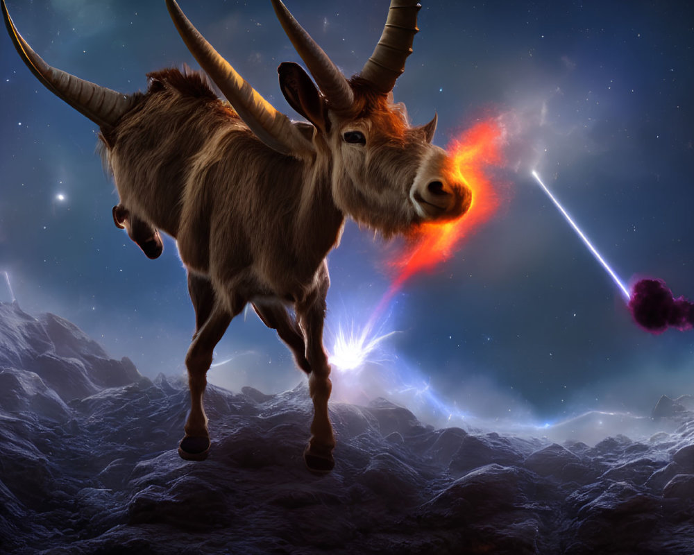 Large-horned goat on rocky terrain under cosmic sky.