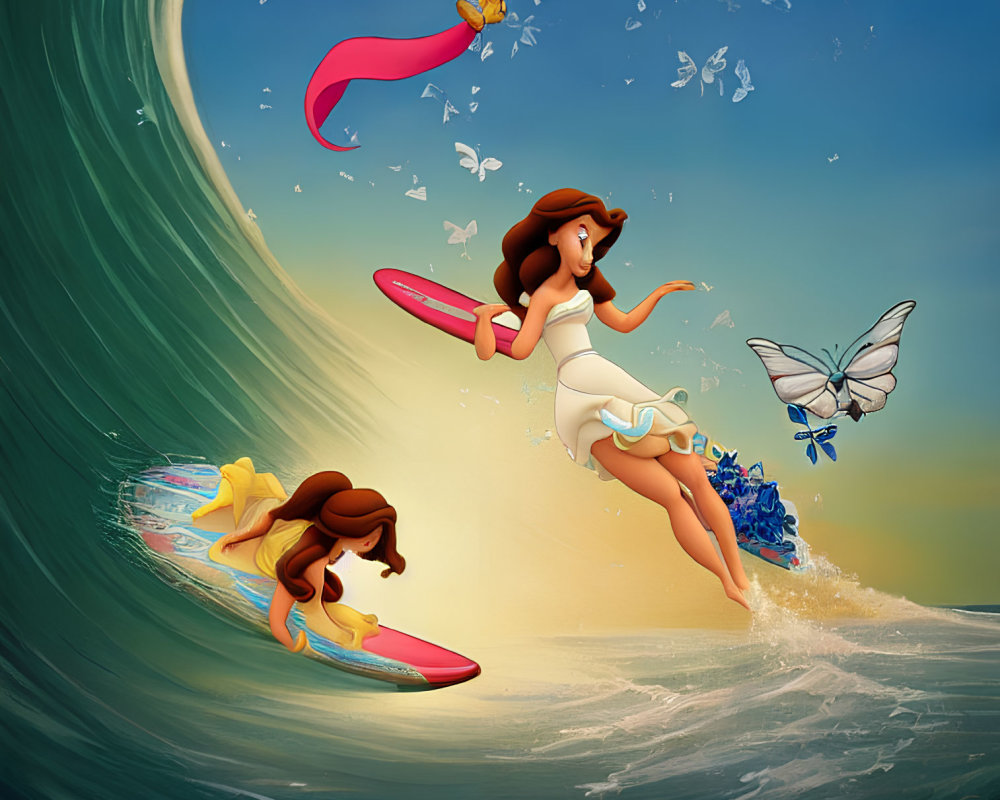 Two female characters surfing on a large wave with butterflies and a bird, one on a pink board and