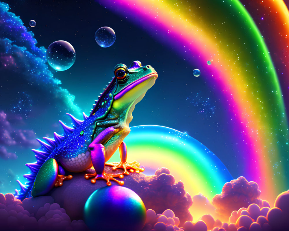 Colorful stylized frog on sphere with rainbow and cosmic background