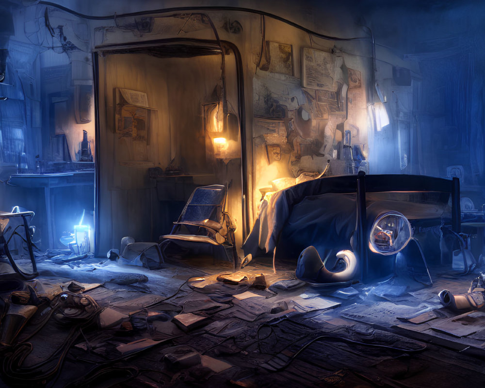 Cluttered workshop with classic car, tools, papers, and warm glow