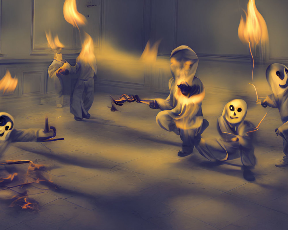 Ghostly Figures Juggle Fire in Dimly Lit Room
