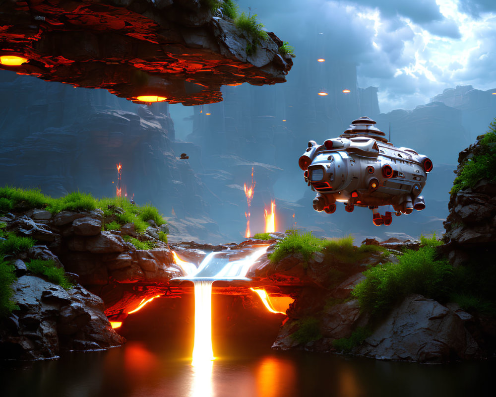 Futuristic submarine above molten lava waterfall in alien landscape