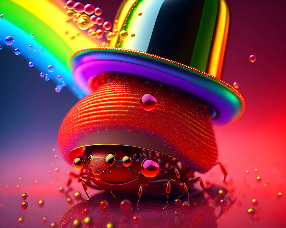 Colorful 3D illustration of whimsical crab with top hat and sunglasses
