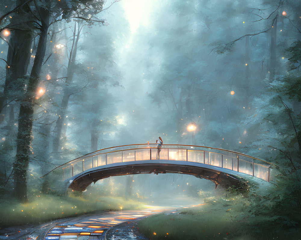 Person on Arched Bridge in Mystical Forest with Glowing Trees
