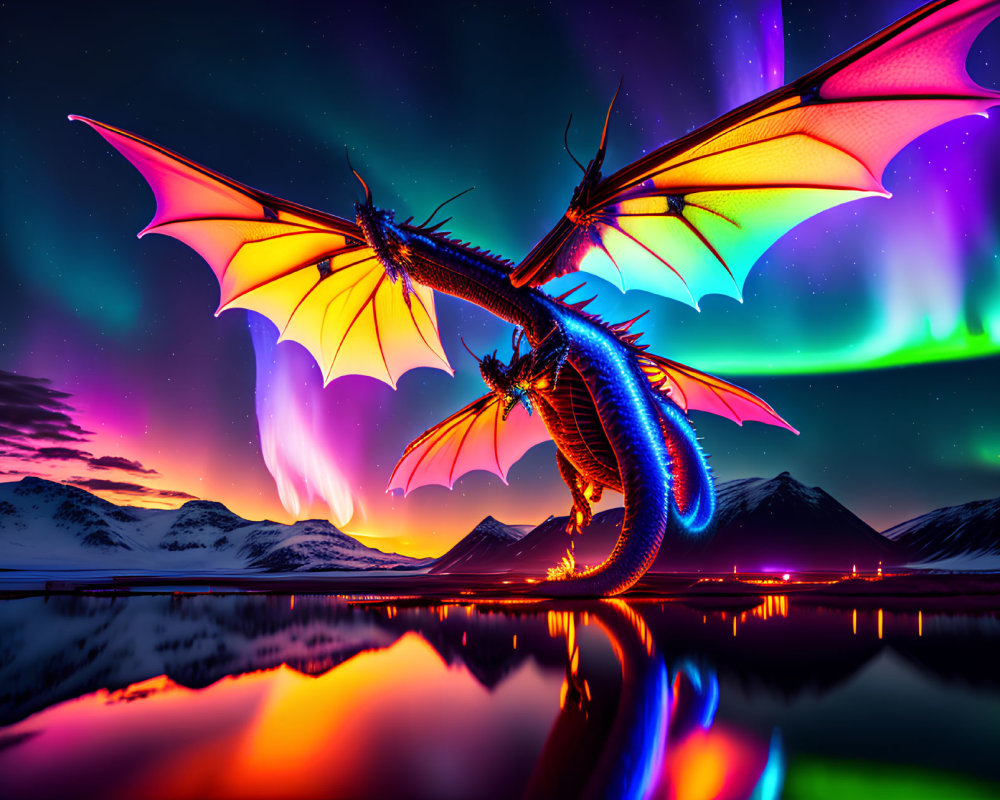 Colorful mythical dragon with glowing wings near reflective water and northern lights.