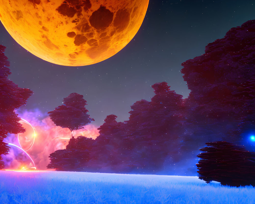 Enchanting night landscape with glowing trees, orange moon, blue stars, and energy arcs in mystical