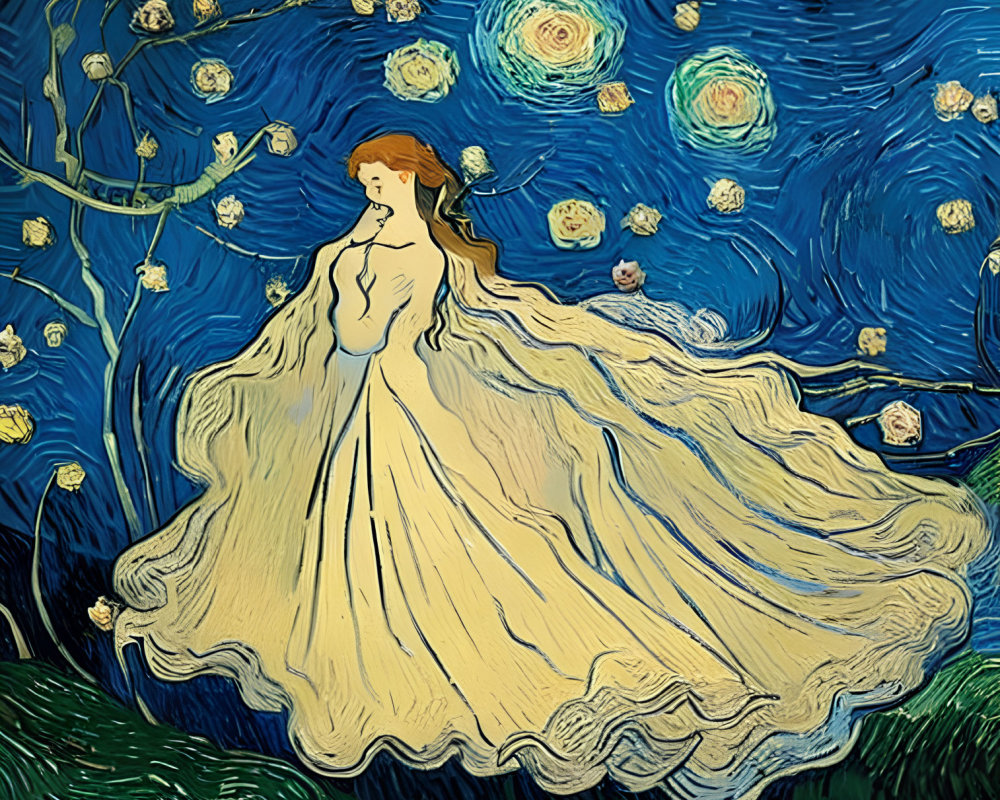 Stylized illustration of woman in flowing dress with swirling blues and stars