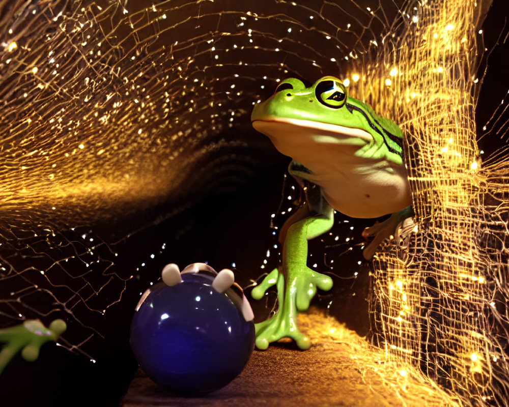 3D animated frog with glossy texture beside shiny blue orb in mesmerizing golden light swirls