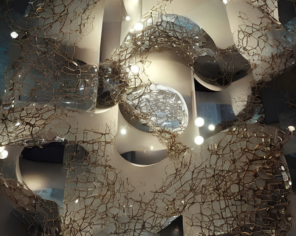 Reflective Surfaces and Organic Sculptures in Softly Lit Interior