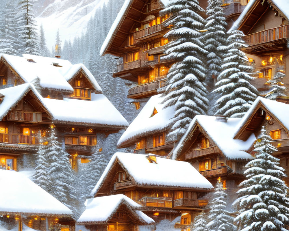 Snow-covered alpine village with warmly lit chalets and snowy mountains at twilight