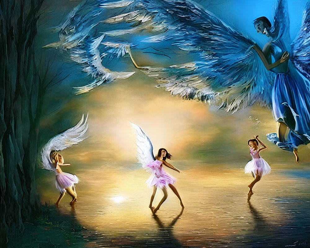 Ethereal beings in sunlit glade: large angel and four delicate dancers