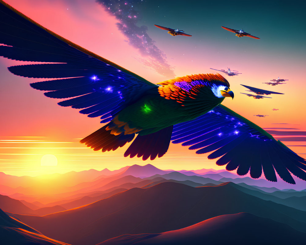 Cosmic eagle with starry wings soaring over purple mountains at sunset