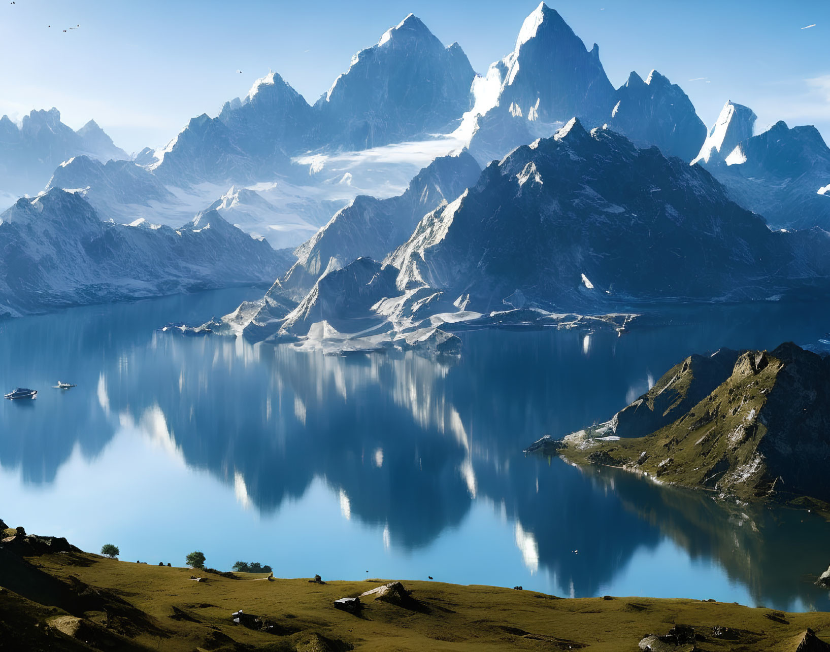 Snow-capped peaks and serene lake with reflective waters