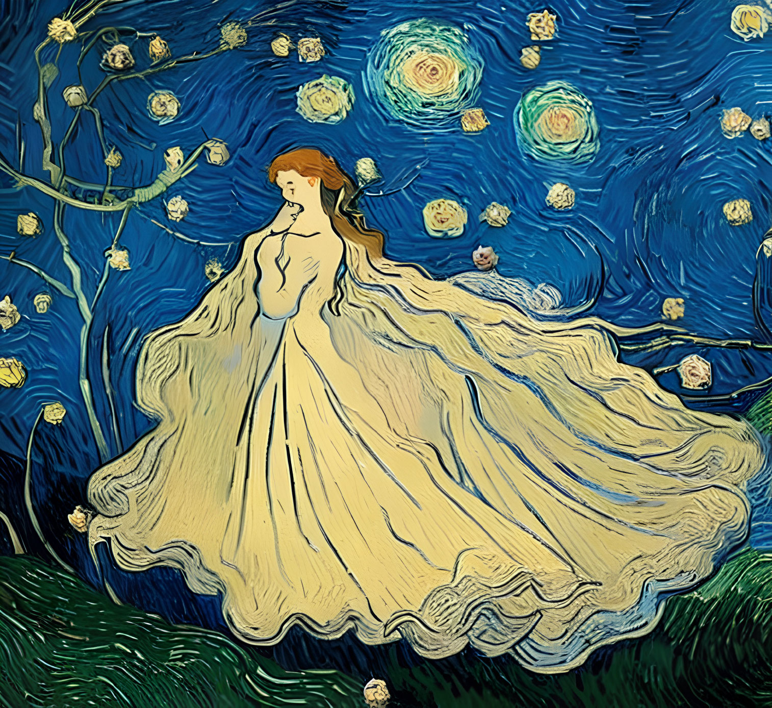 Stylized illustration of woman in flowing dress with swirling blues and stars