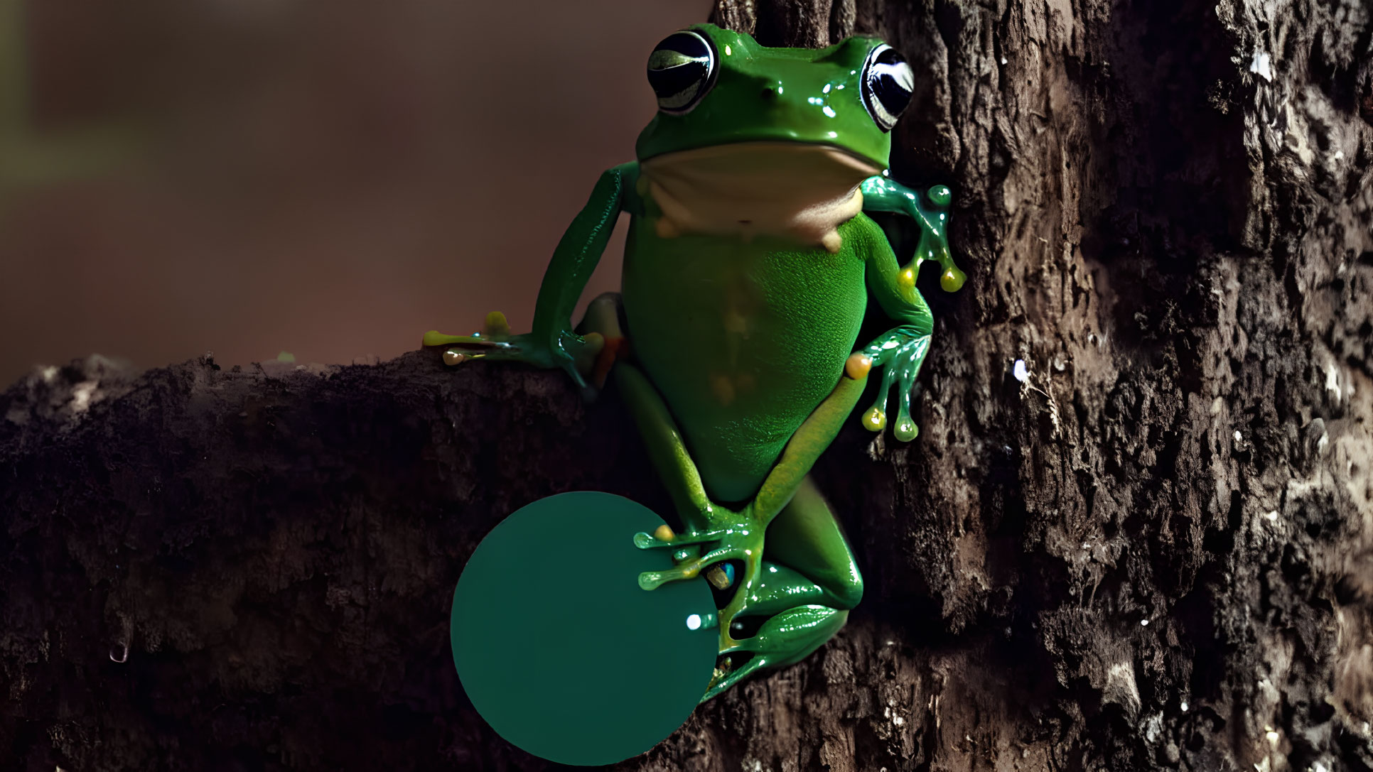 Glossy green frog on dark tree bark with intense eyes