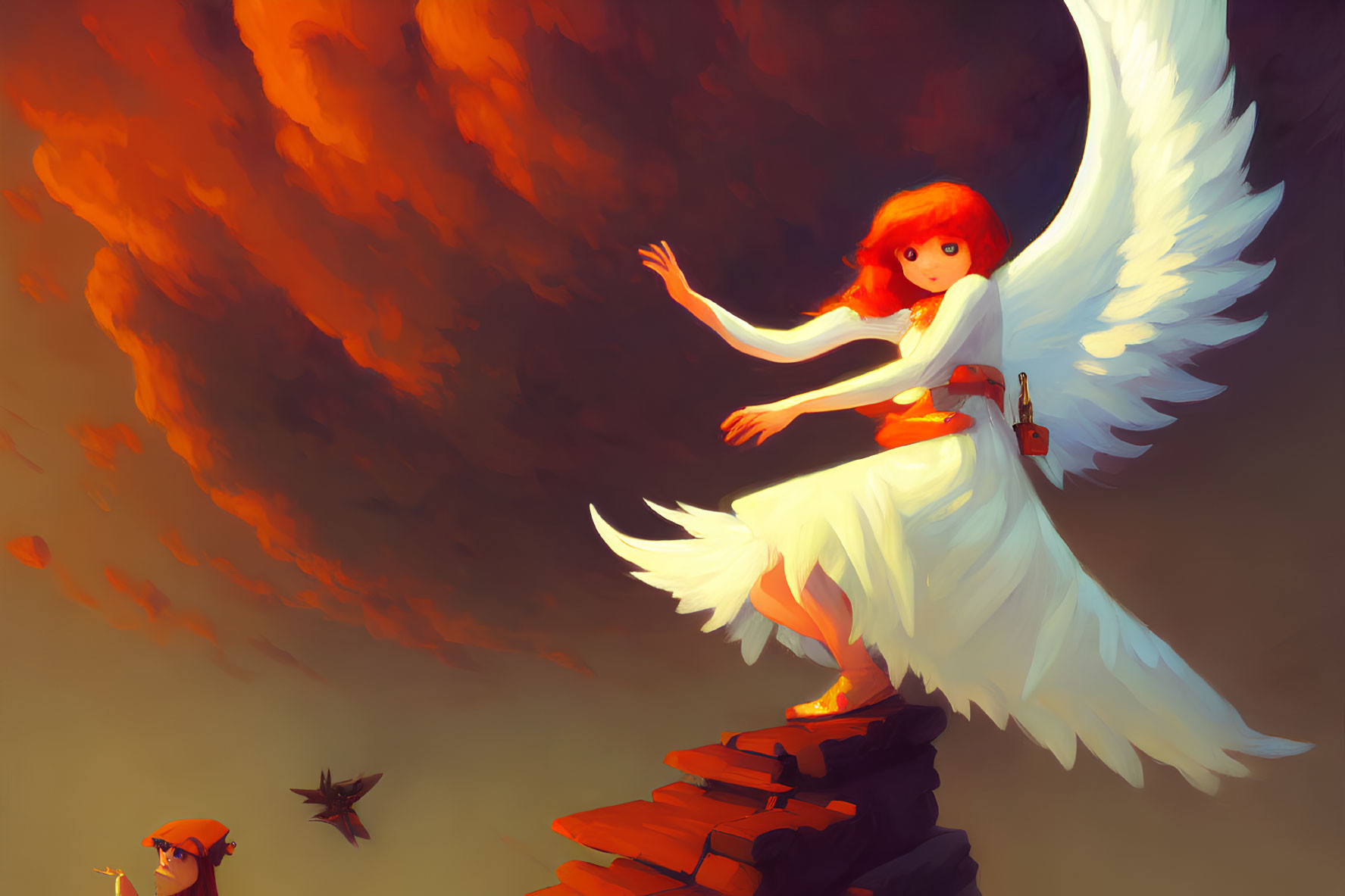 Winged red-haired character in white dress on rocky outcrop with fiery orange backdrop and bird-like creature