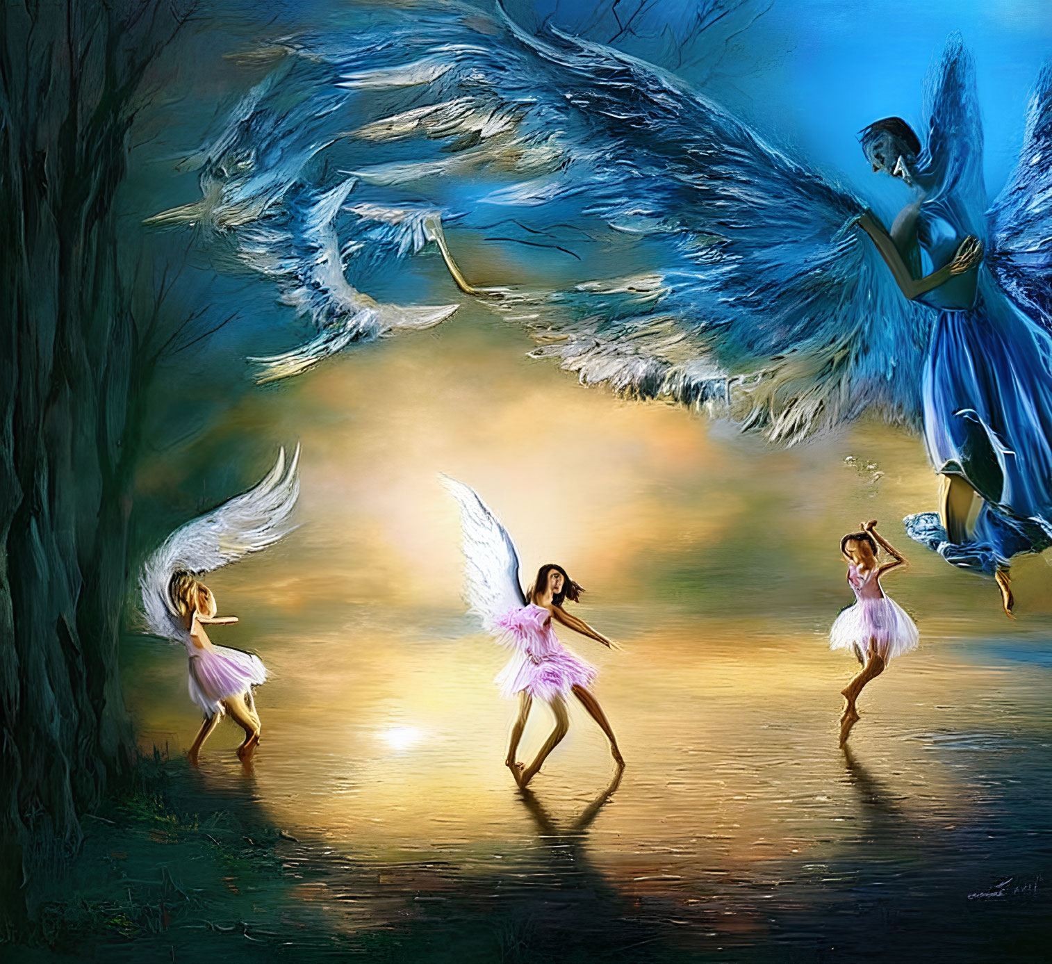 Ethereal beings in sunlit glade: large angel and four delicate dancers