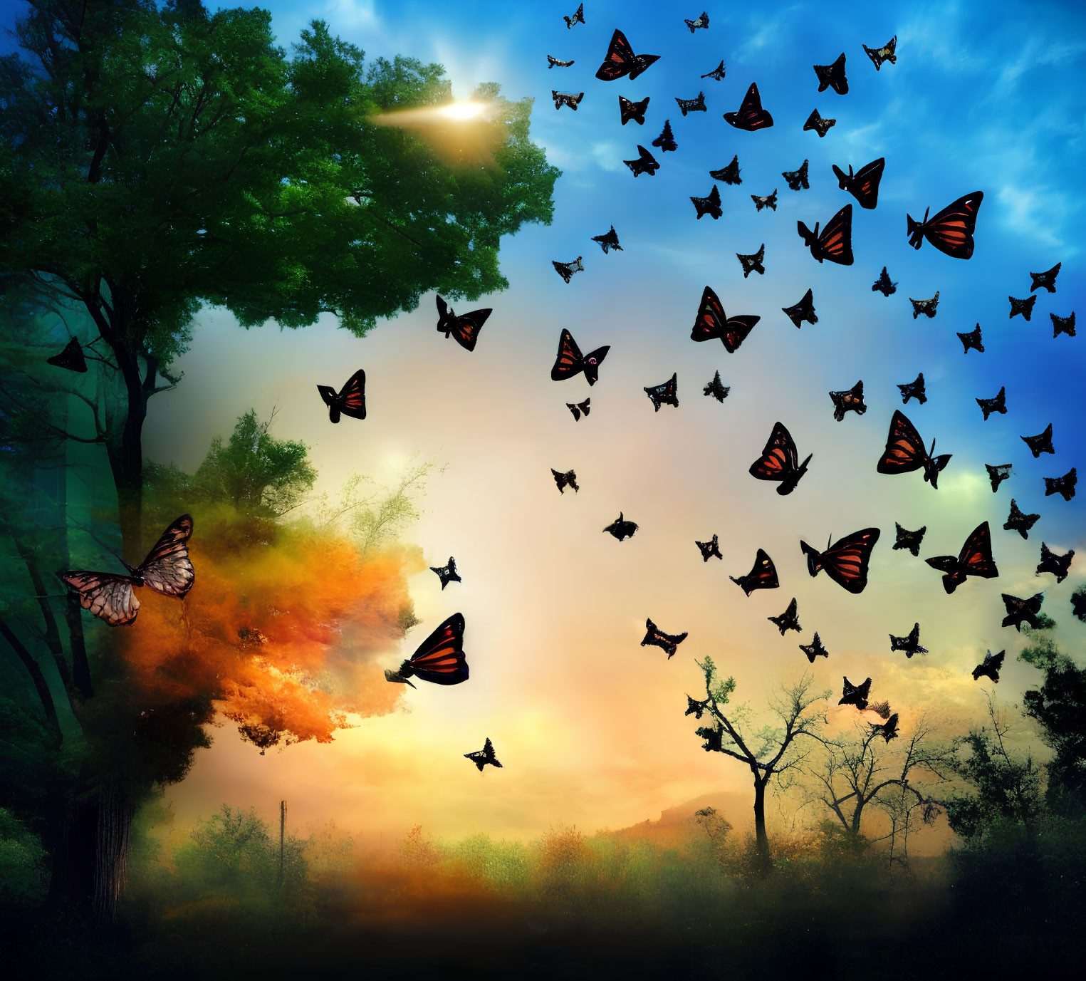 Vibrant sunset forest with swarm of butterflies