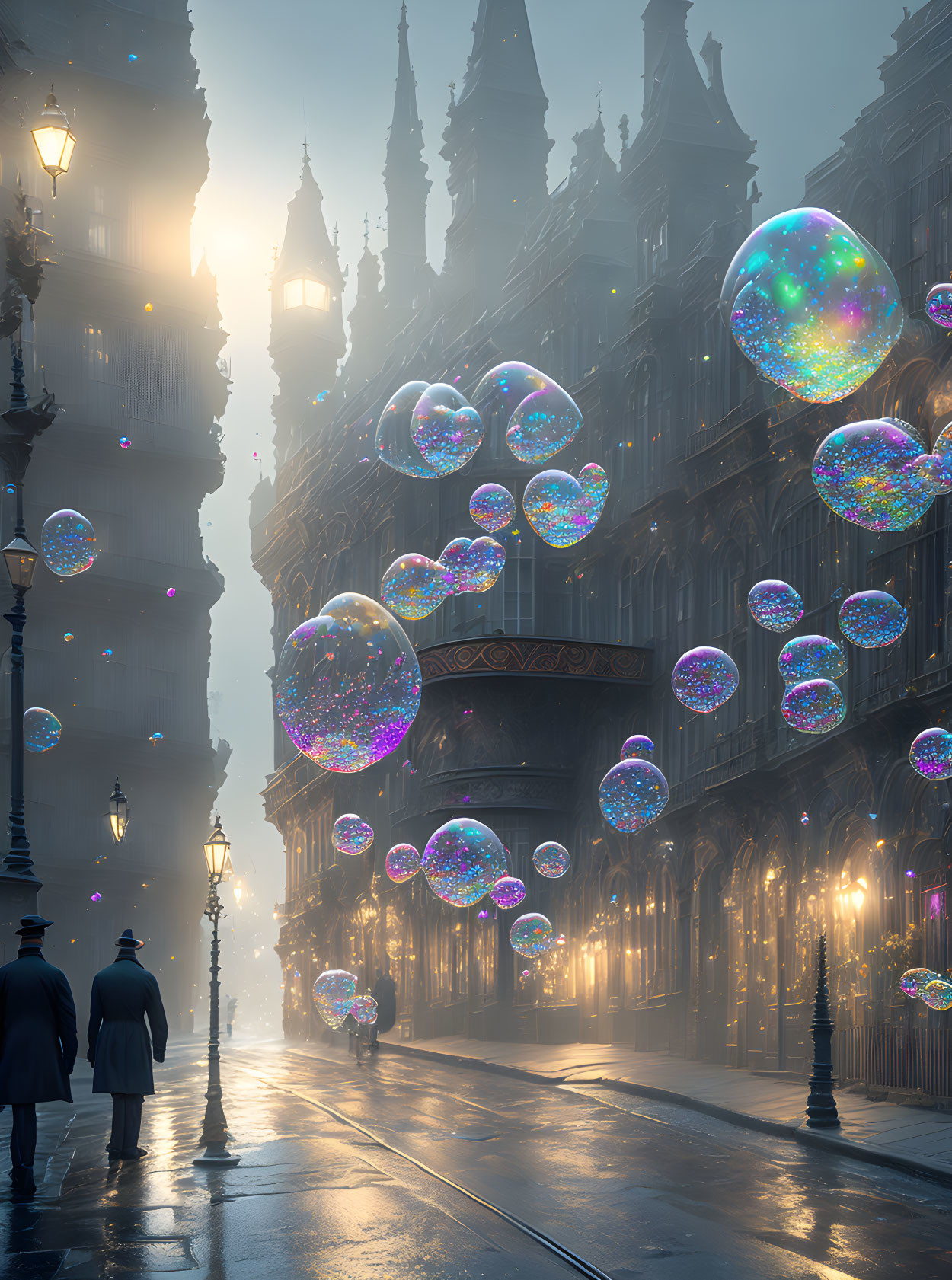 Misty city street scene with shimmering bubbles and silhouetted figures.