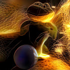 Abstract art with golden swirls, fiery explosions, and dark sphere on vivid background