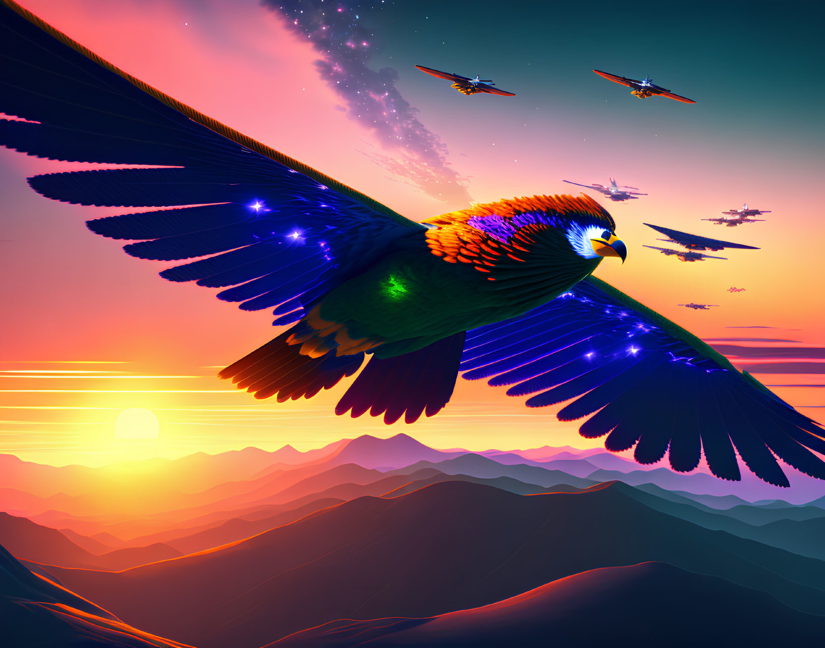 Star-born Parrot Eagles fly at the edge of the sky