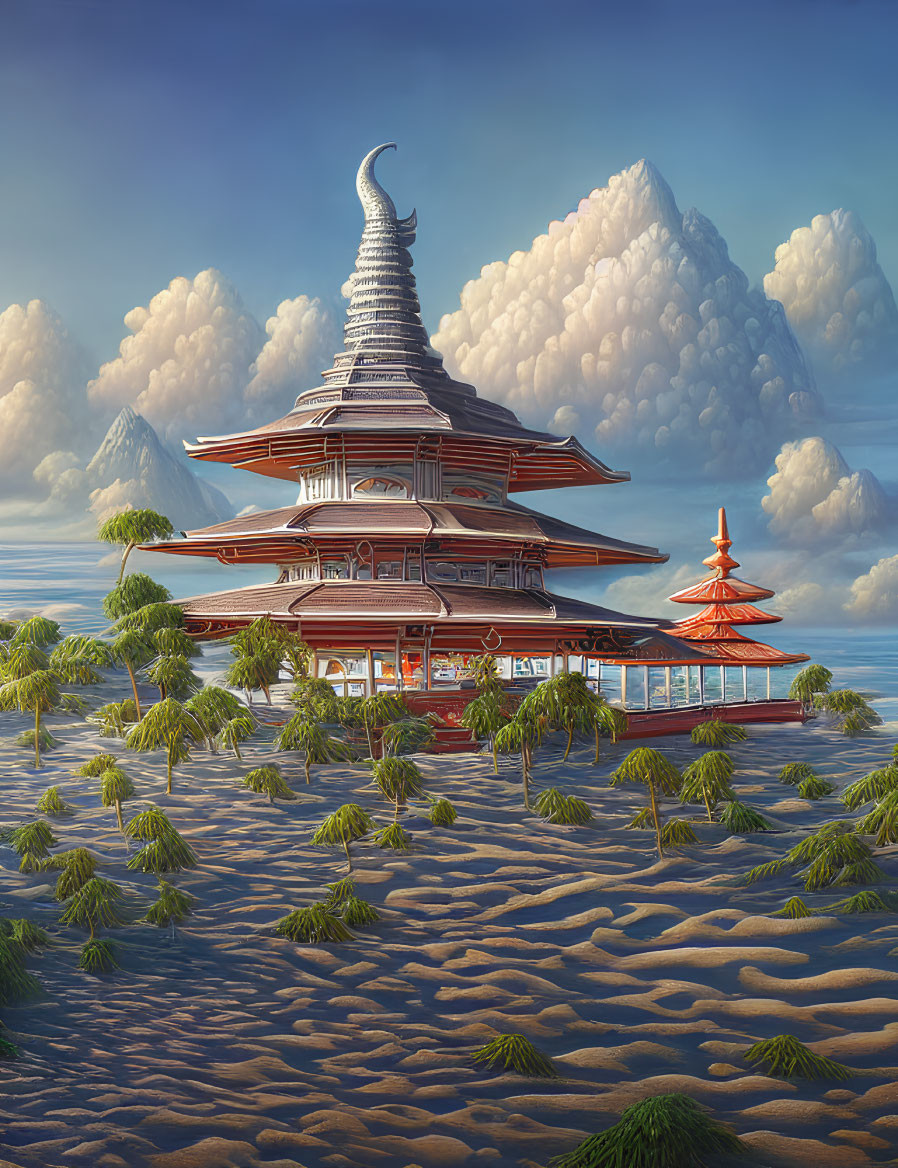 Elaborate Multi-Tiered Pagoda Surrounded by Palm Trees, Mountains, and Clouds