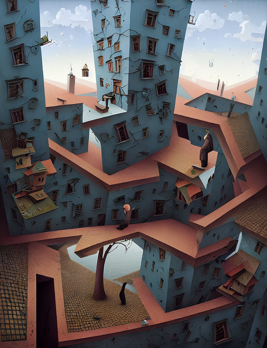 Surreal artwork of gravity-defying architecture with people and a cat in an Escher-like world
