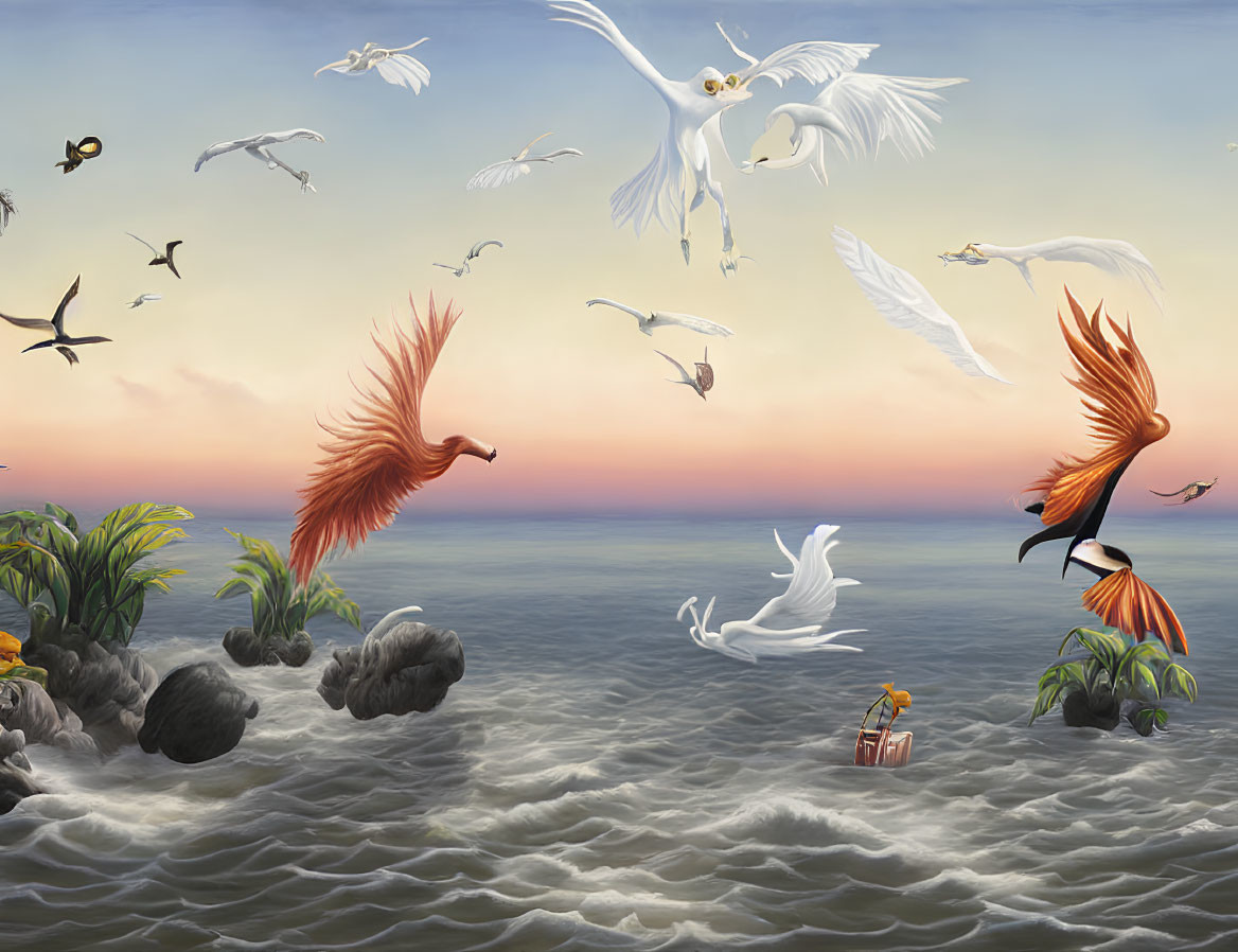 Surreal painting: Birds with flaming wings flying over churning waters