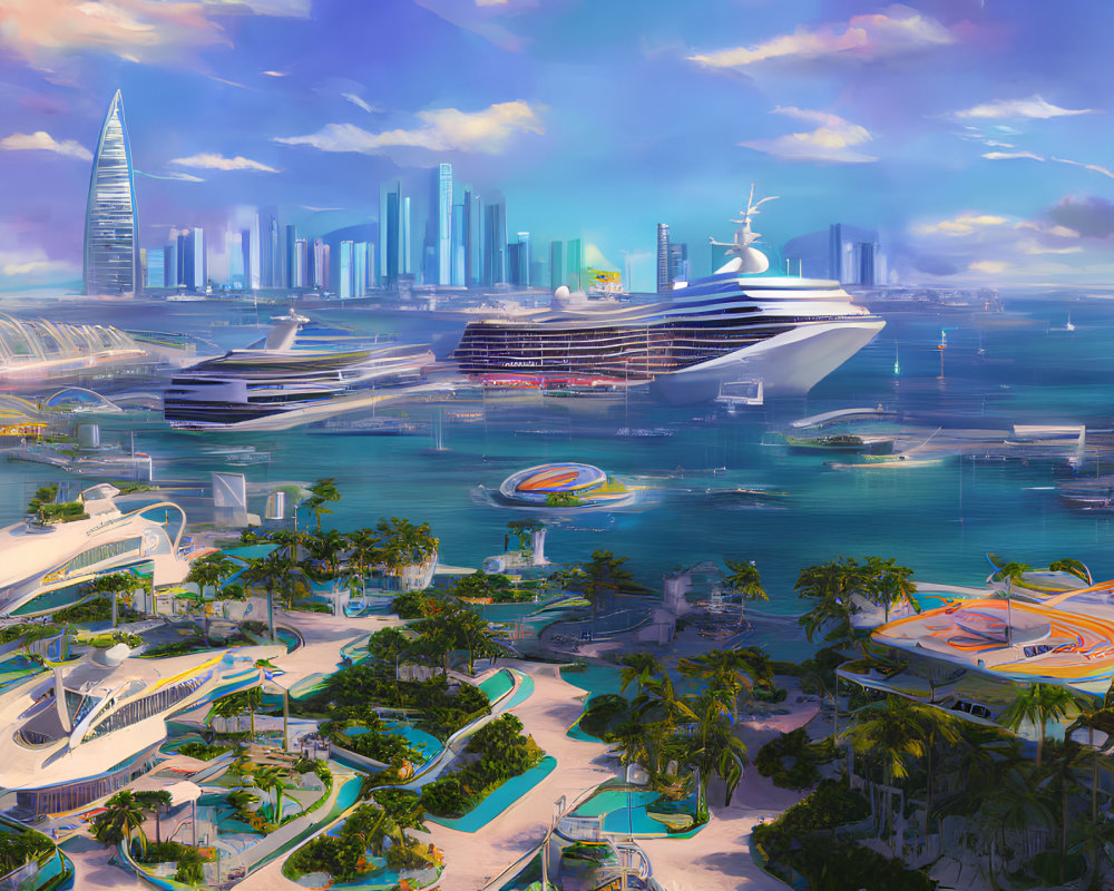 Futuristic cityscape with skyscrapers, greenery, cruise ship, and flying vehicles