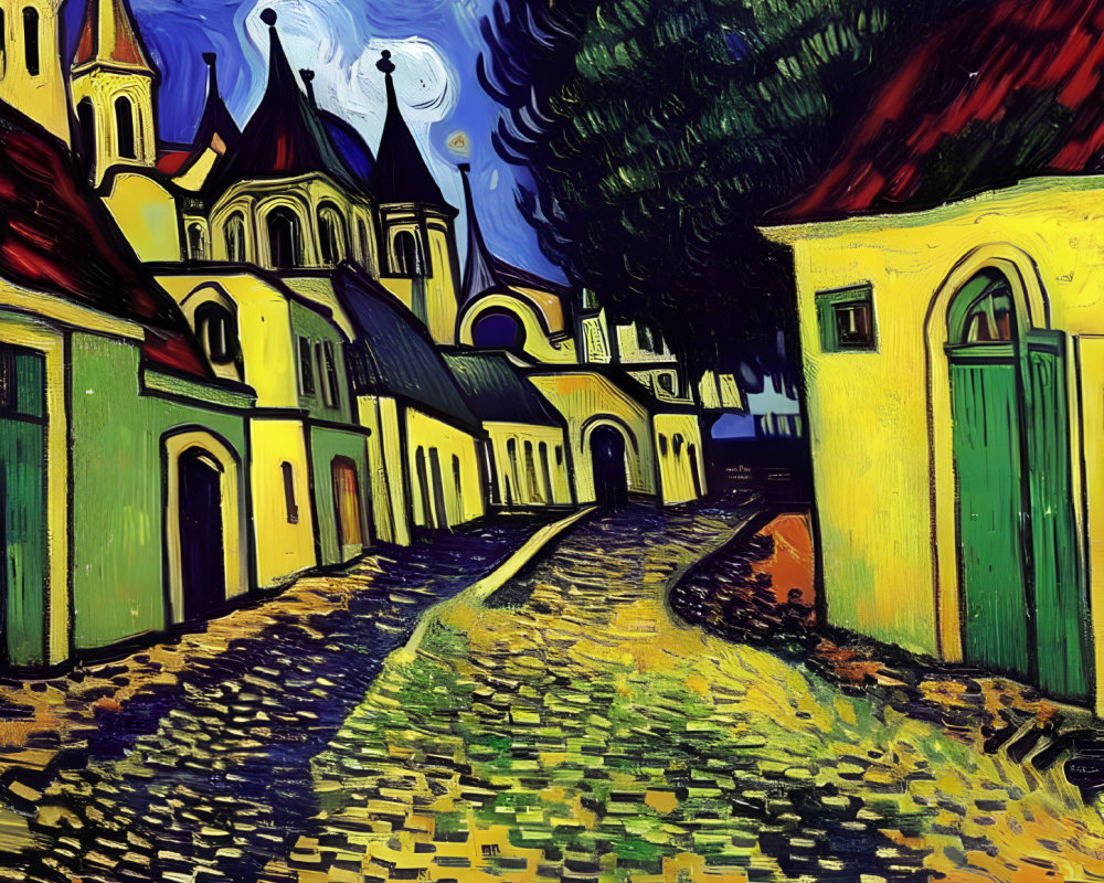 Colorful expressionist painting of a winding street in a whimsical town