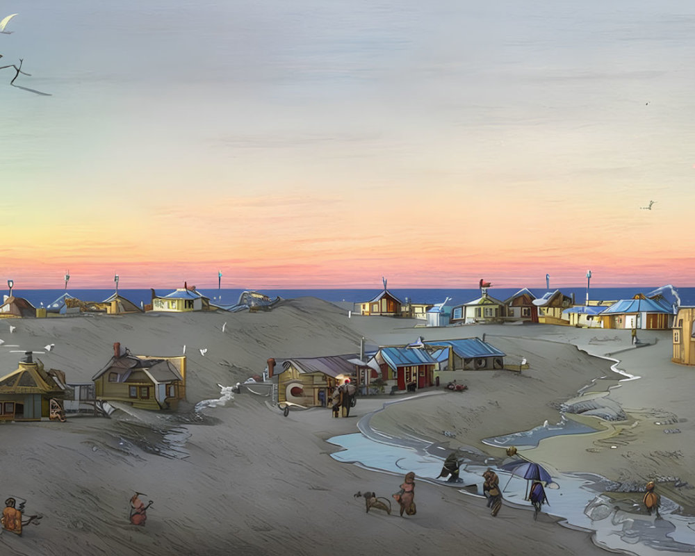 Peaceful beachside village at sunset with pastel skies, small houses, and people enjoying leisure activities