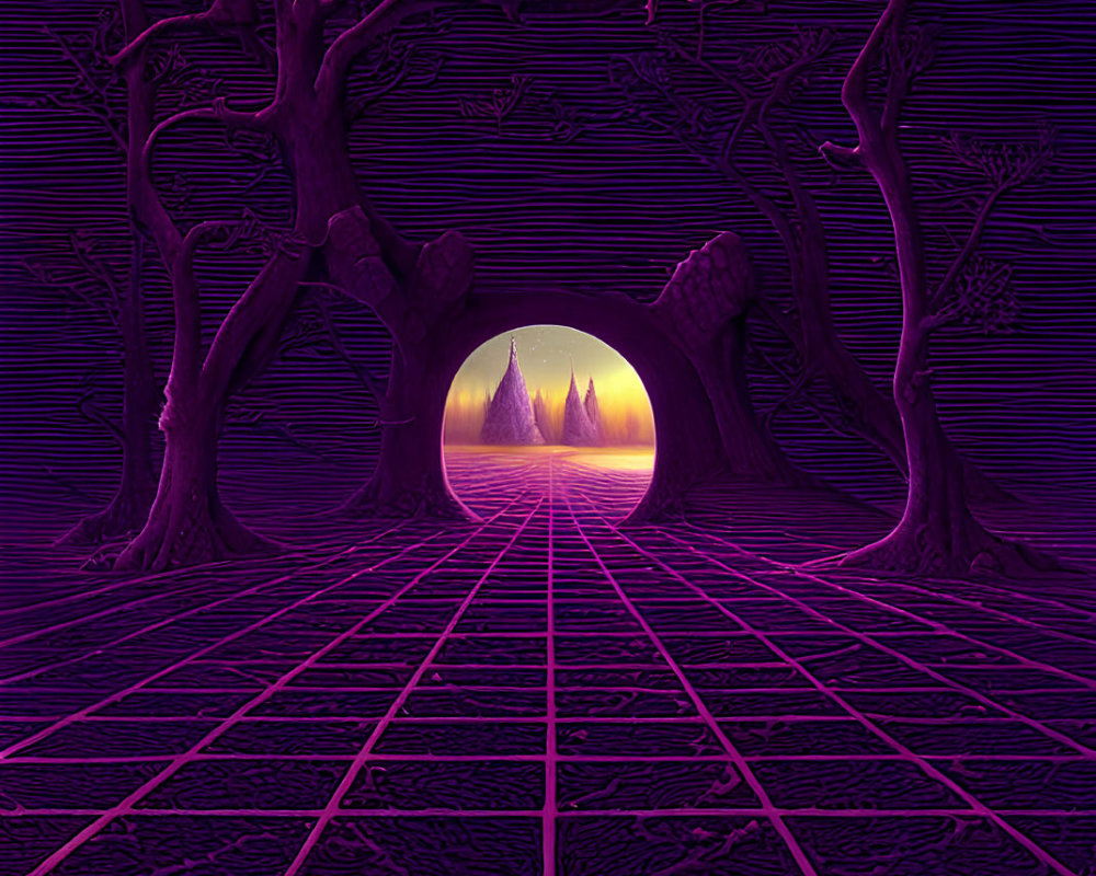 Purple grid landscape with sunset portal and sailboats on digital artwork
