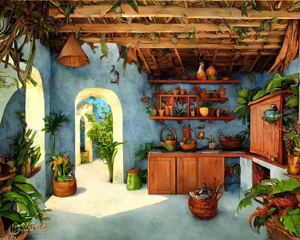 Rustic kitchen with terracotta pots, wooden shelves, and green plants