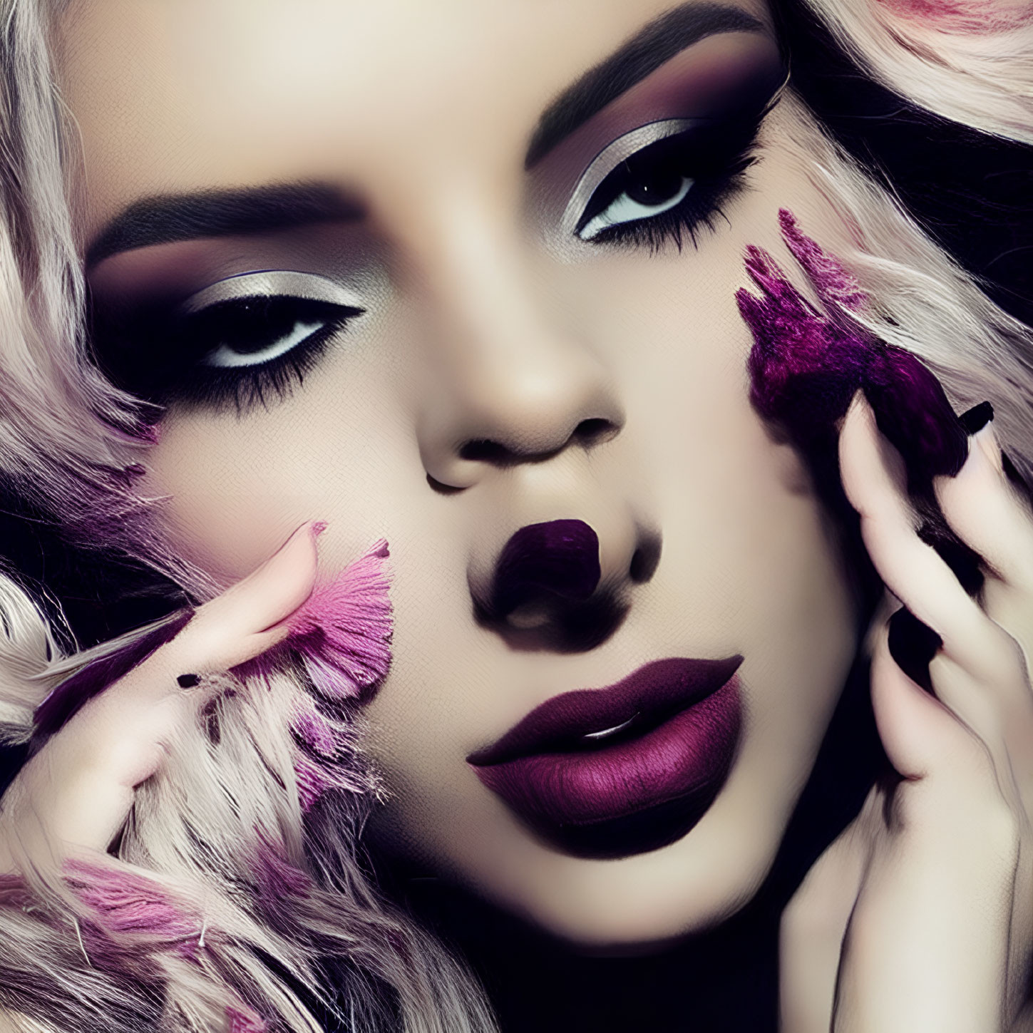 Close-up of woman with purple makeup and lipstick holding flower petals - striking eye makeup and flawless skin