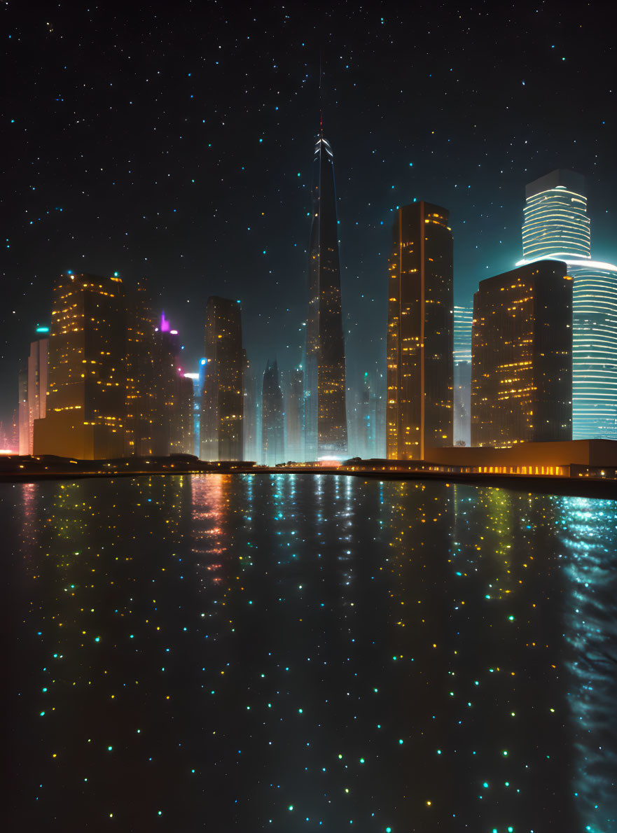 Nighttime Cityscape with Illuminated Skyscrapers and Starry Sky