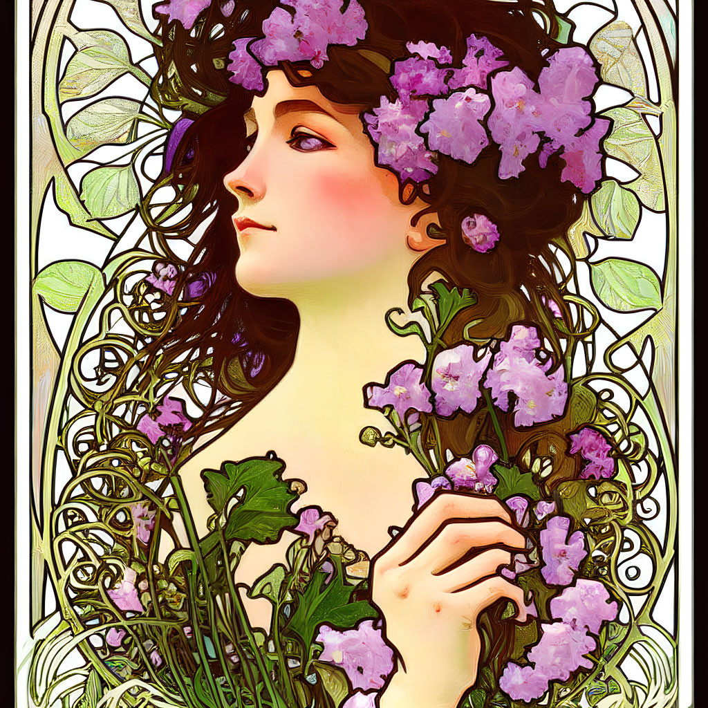 Art Nouveau Woman Illustration with Flowing Hair and Floral Elements