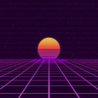 Purple grid landscape with sunset portal and sailboats on digital artwork