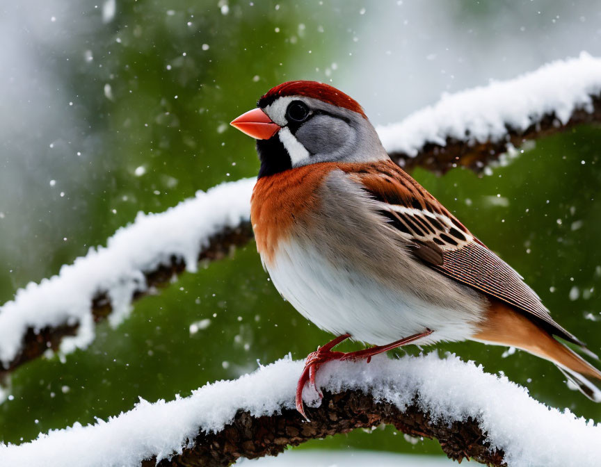 Vibrant bird on snowy branch with falling snowflakes