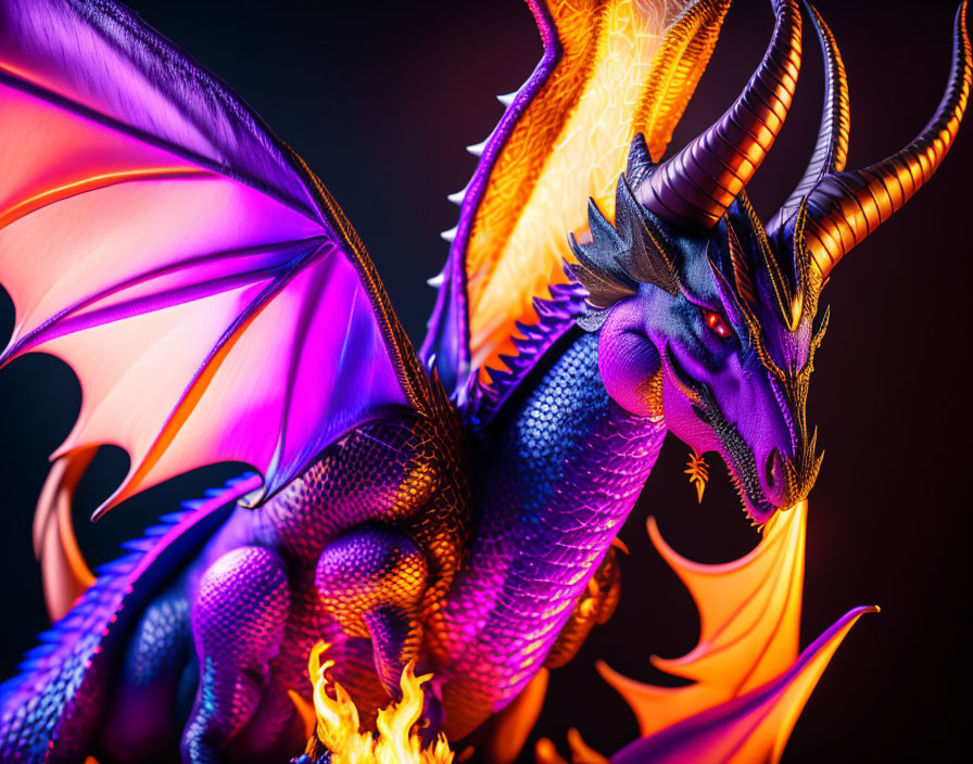 Colorful Dragon with Purple-Blue Scales and Fiery Orange Wings