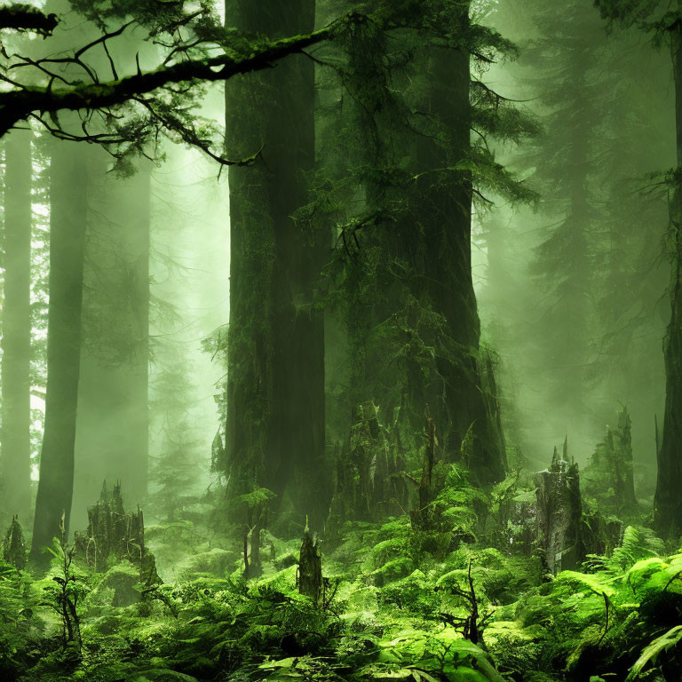 Lush Fern-Covered Forest with Towering Trees
