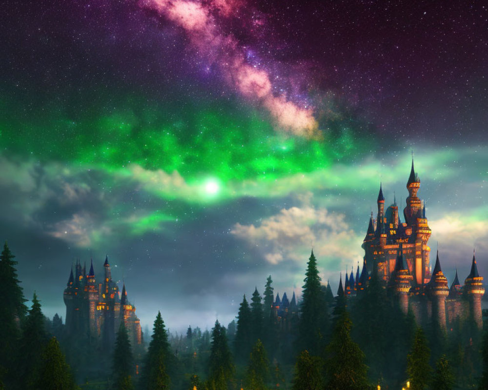 Enchanting castle in forest under vibrant night sky