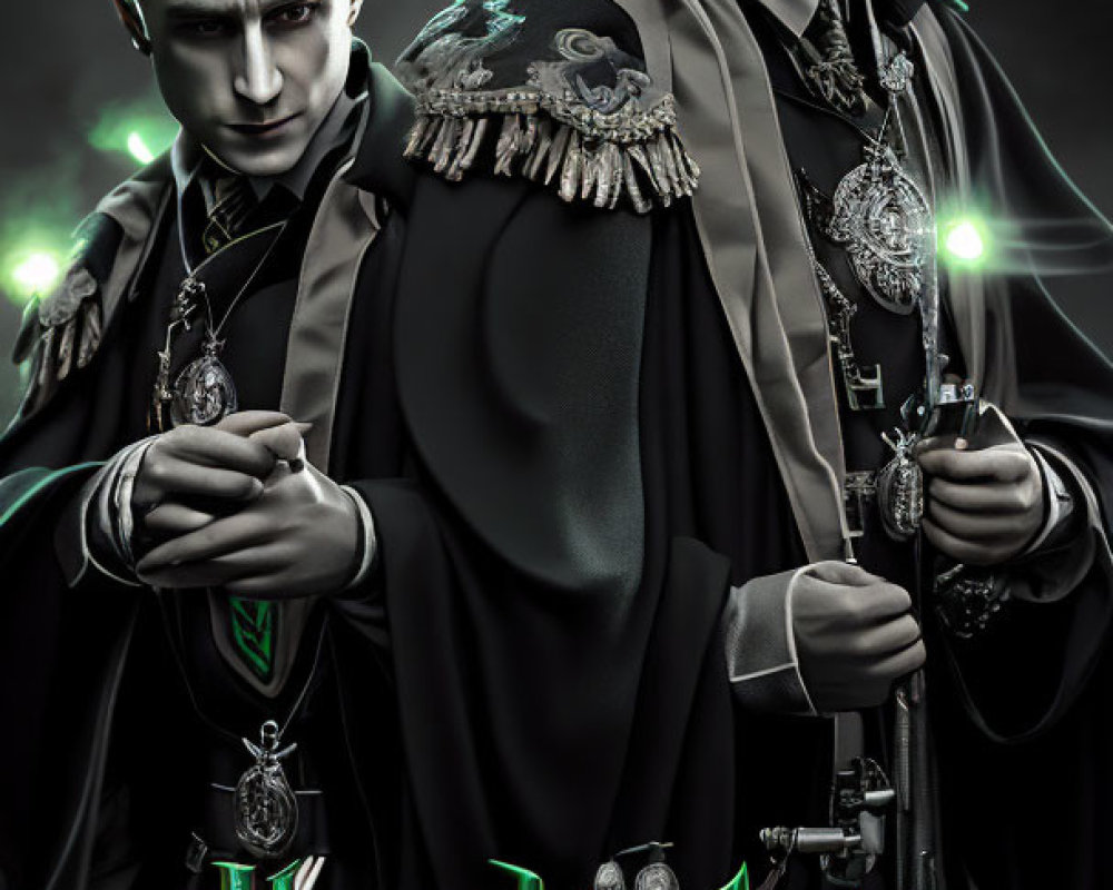 Stylized characters in dark robes with wands and green aura.