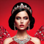 Woman with glamorous makeup and regal hairstyle in jeweled tiara and earrings on red backdrop.