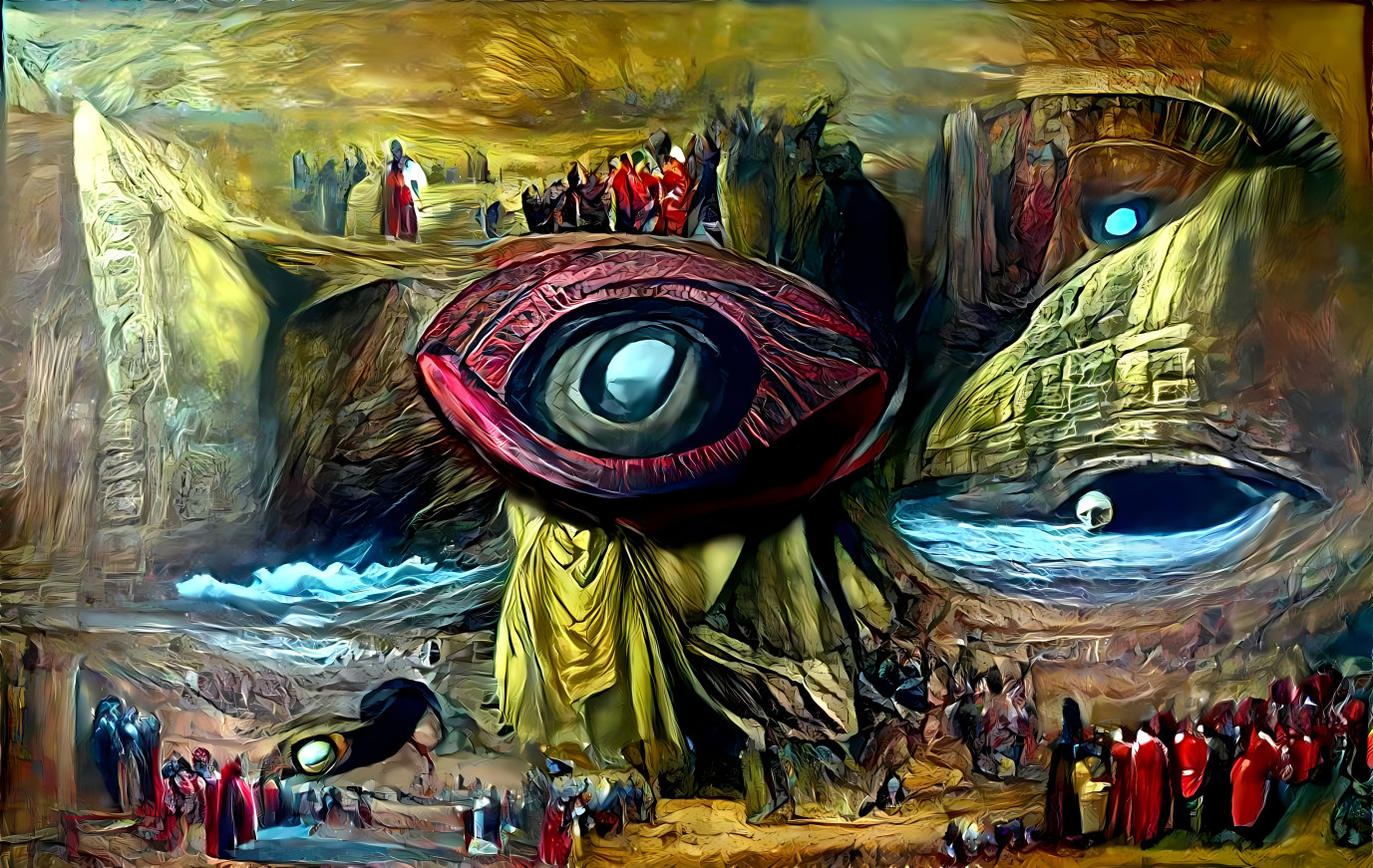 All worship the somewhat impressive eye sculpture