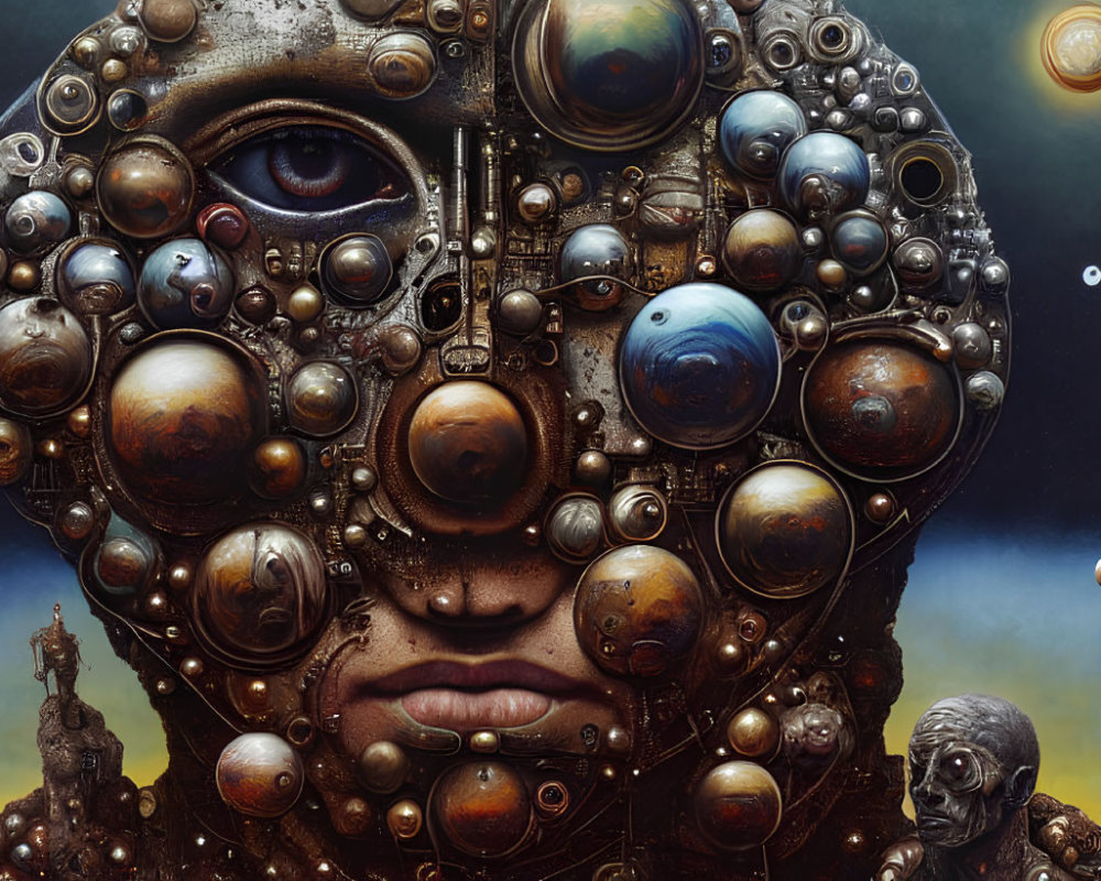 Surreal portrait with metallic spheres and planets on face against cosmic backdrop