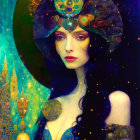 Cosmic-themed headdress on woman with surreal castle and celestial background