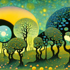 Colorful Psychedelic Landscape with Stylized Trees and Moons