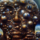 Surreal portrait with metallic spheres and planets on face against cosmic backdrop