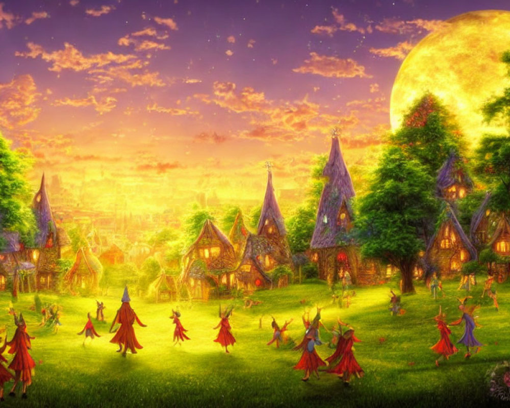 Fantasy landscape with pointy-roofed houses and people in red cloaks dancing under a large